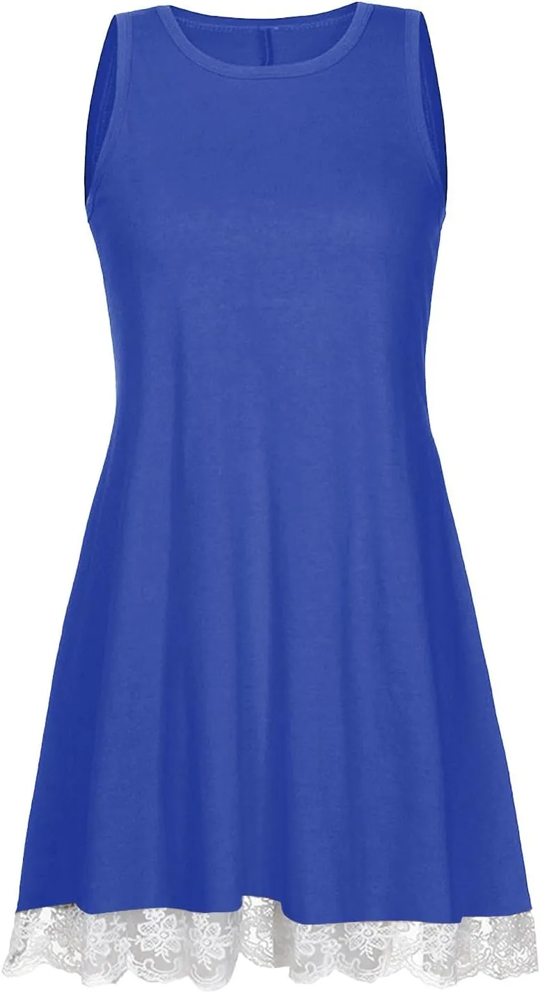 Cute Dresses for Women 2025 Summer Lace Hem Sleeveless Crew Neck Mini Dress Casual Short Beach Sundress with Pockets