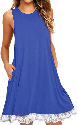 Cute Dresses for Women 2025 Summer Lace Hem Sleeveless Crew Neck Mini Dress Casual Short Beach Sundress with Pockets