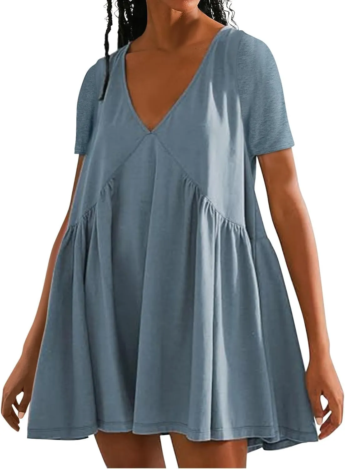 Cute Women's Casual Dress Mini Babyboll Summer 2024 Dresses Puff Sleeve Ruffle Hem V Neck Pleated Beach Sundress
