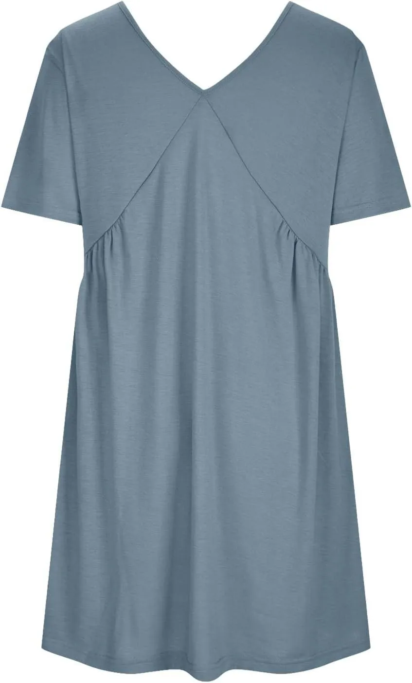 Cute Women's Casual Dress Mini Babyboll Summer 2024 Dresses Puff Sleeve Ruffle Hem V Neck Pleated Beach Sundress
