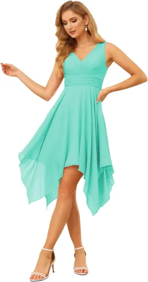 Dessiny Womens Double V Neck Short Bridesmaid Dresses 2024 Ruched Waist A Line Chiffon Formal Cocktail Party Dress DE58