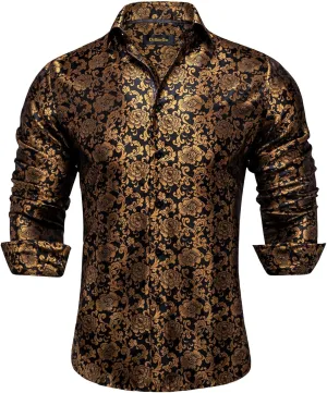 DiBanGu Mens Silk Paisley Dress Shirts,Long Sleeve Button Down Shirt Casual Regular Fit Shirt for Men Wedding Party