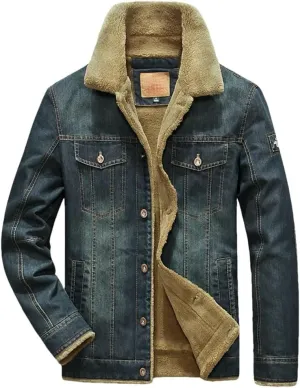 Dninmim Men's Winter Thick Denim Jacket Fleece Warm Windbreaker Casual Multi-Pockets Outwear Coat Streetwear