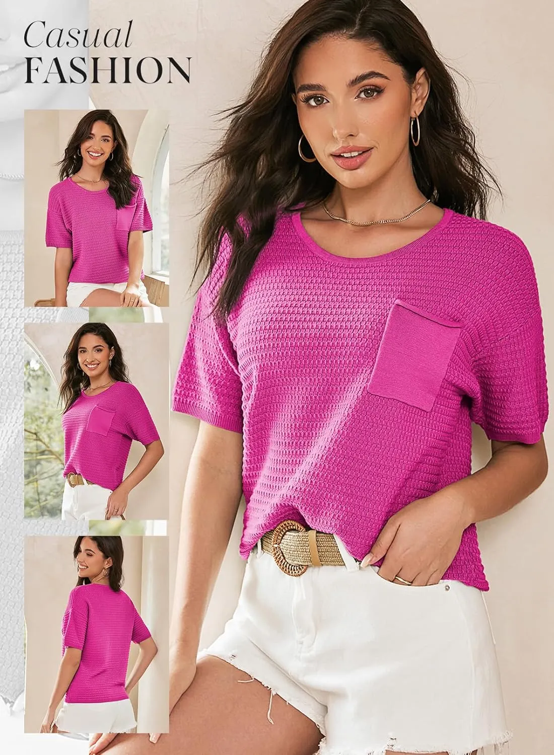Dokotoo Womens Sweaters Casual Crewneck Short Sleeve Lightweight Knit Trendy Pullover Sweater Tops Spring Summer Outfits