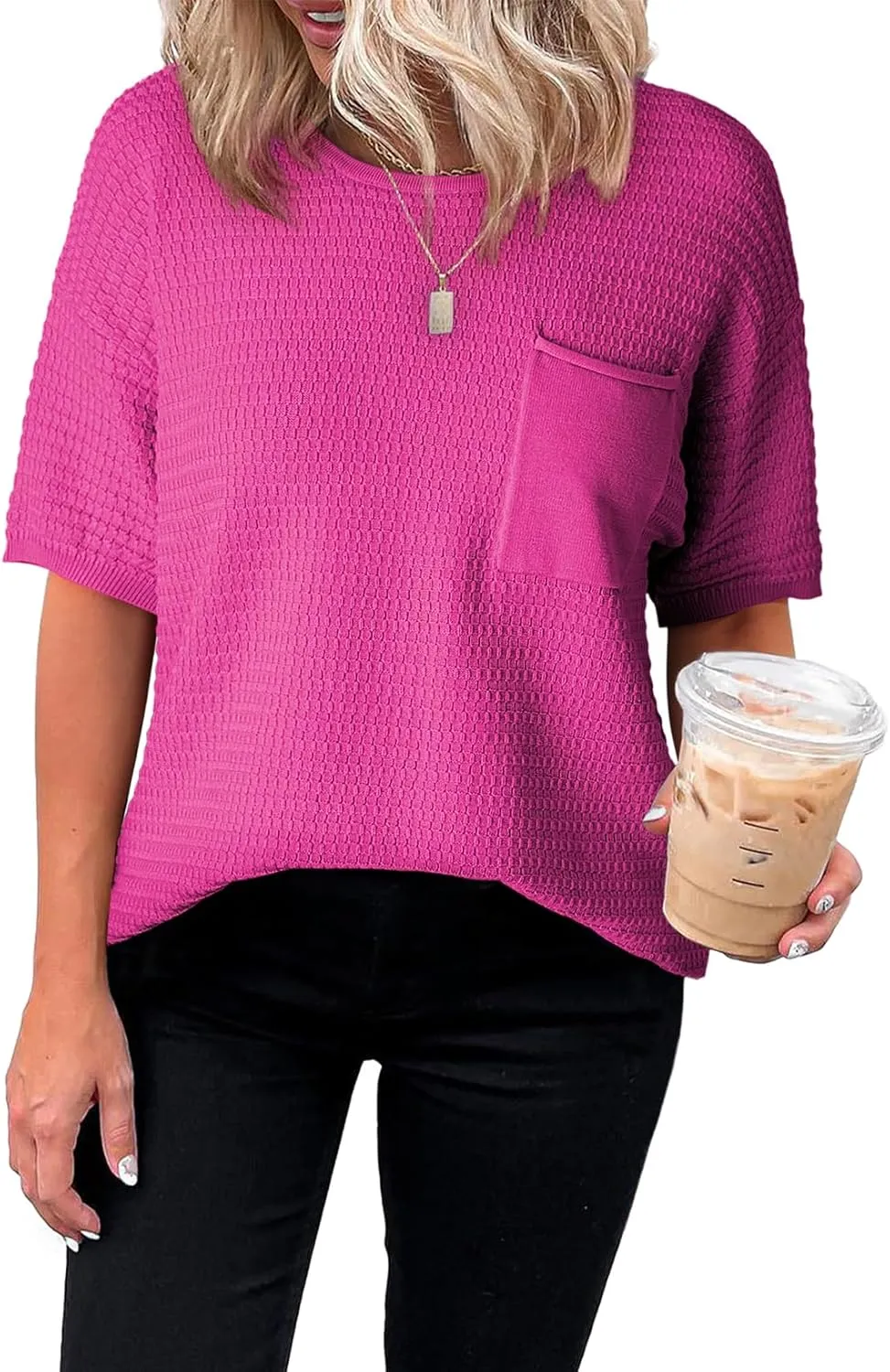 Dokotoo Womens Sweaters Casual Crewneck Short Sleeve Lightweight Knit Trendy Pullover Sweater Tops Spring Summer Outfits