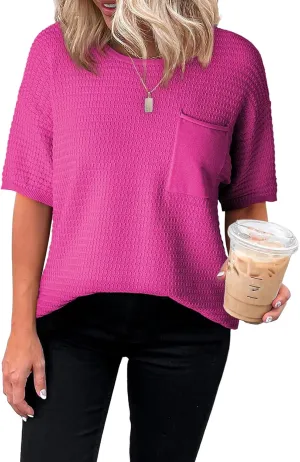 Dokotoo Womens Sweaters Casual Crewneck Short Sleeve Lightweight Knit Trendy Pullover Sweater Tops Spring Summer Outfits