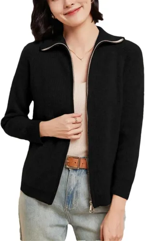 Double Zipper Cardigan Women Merino Wool Sweater Autumn Winter Long Sleeve Casual Cashmere Knitwear Tops