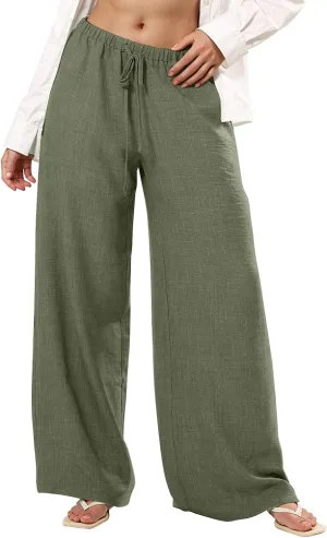Dress Pants Women Flowy Trousers, Plus Size Pants for Curvy Women Wide Leg Summer Cargo Cotton Linen High Waisted