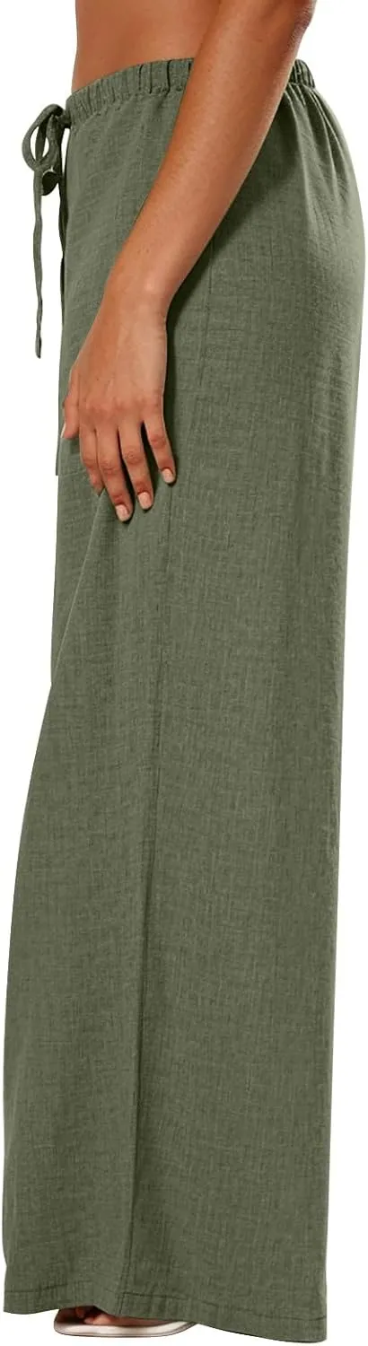 Dress Pants Women Flowy Trousers, Plus Size Pants for Curvy Women Wide Leg Summer Cargo Cotton Linen High Waisted