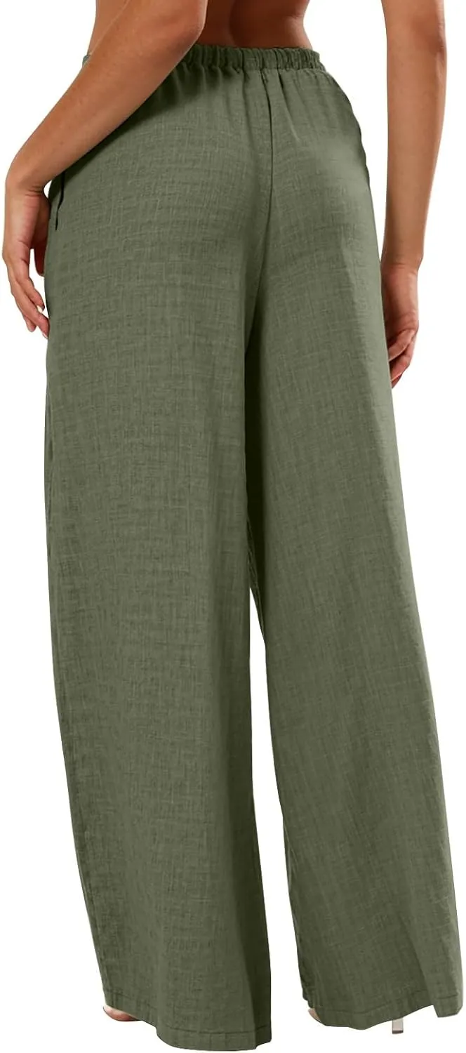 Dress Pants Women Flowy Trousers, Plus Size Pants for Curvy Women Wide Leg Summer Cargo Cotton Linen High Waisted