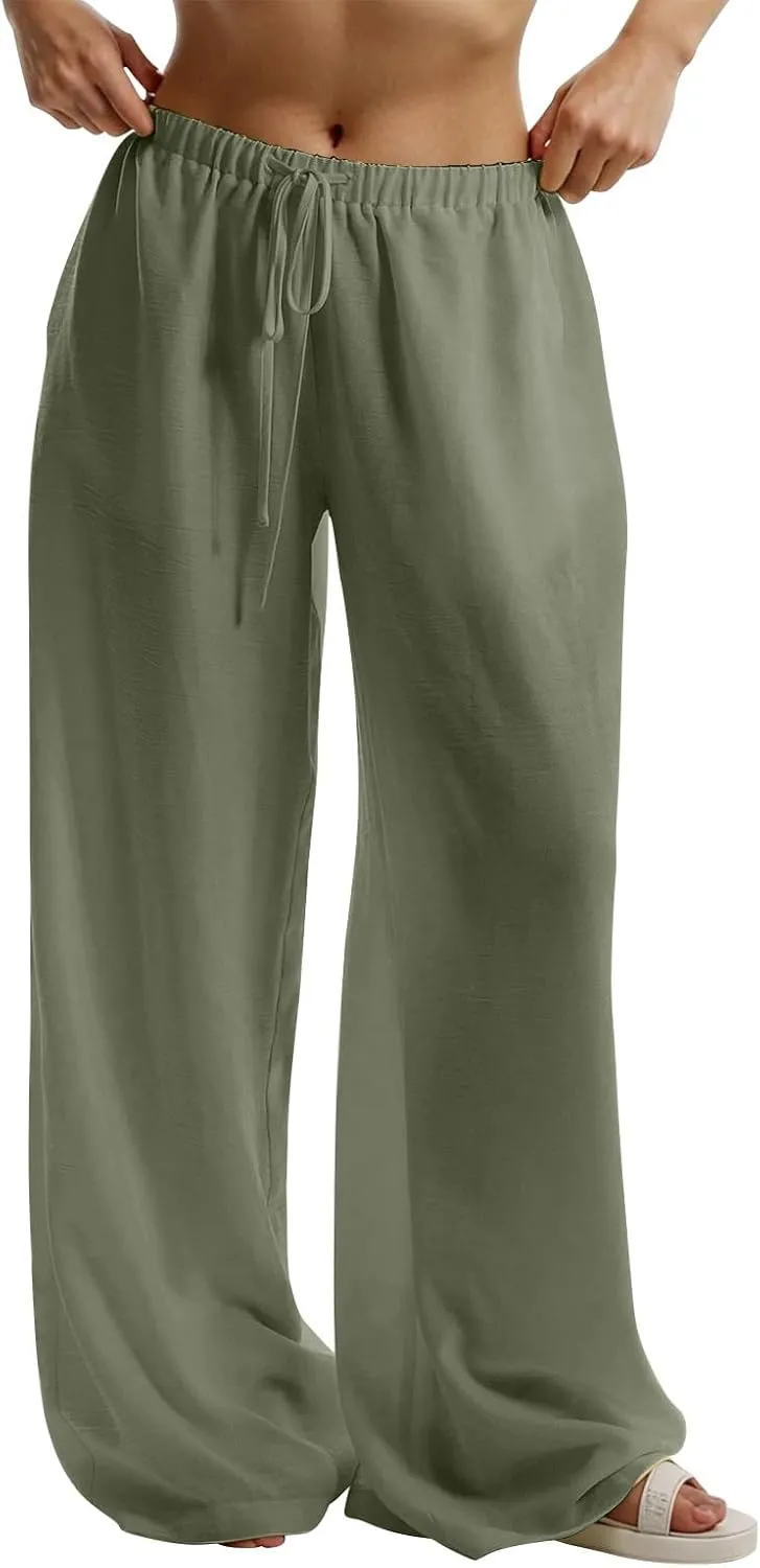 Dress Pants Women Flowy Trousers, Plus Size Pants for Curvy Women Wide Leg Summer Cargo Cotton Linen High Waisted