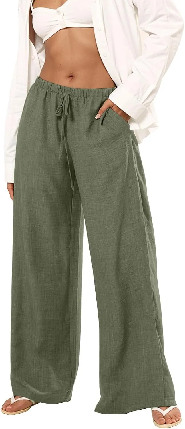 Dress Pants Women Flowy Trousers, Plus Size Pants for Curvy Women Wide Leg Summer Cargo Cotton Linen High Waisted