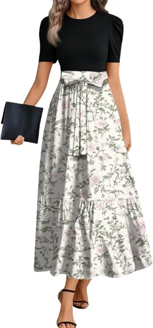 Dresses for Women 2025 Short Sleeve Round Neck Dresses Knee Length Dress Long Flowy Beach Dresses