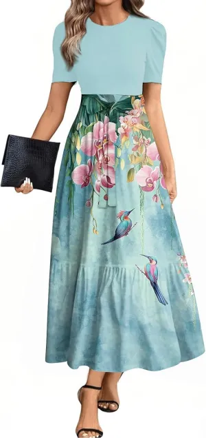 Dresses for Women 2025 Short Sleeve Round Neck Knee Length Dress A Line Long Flowy Beach Dress