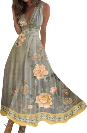 Dresses for Women 2025 Sleeveless Wrap V Neck Sundress Flowy Ruched Floral Print Maxi Dress Elegant Beach Dress