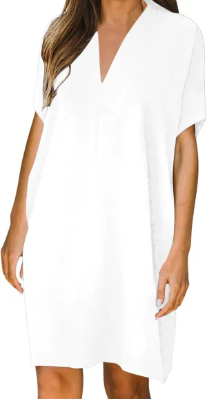 Dresses for Women V Neck Spring Summer Ruffle Short Sleeve Simple Mini Dress Casual Flowy Shift Graduation Dress with Pockets