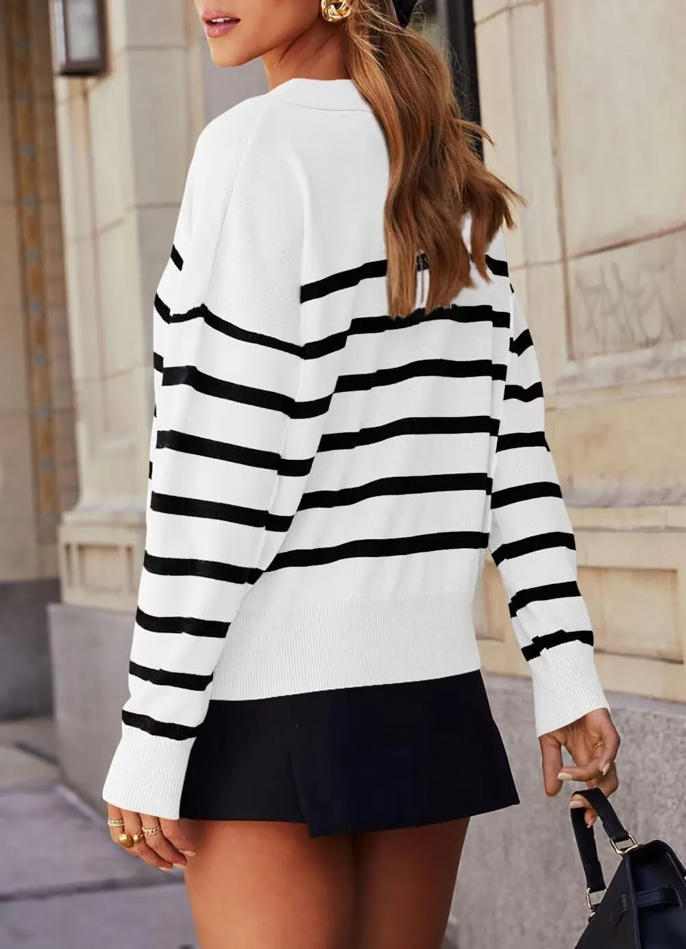 Dressmine Womens Striped Long Sleeve Sweater Tops Open Front Button Knit Casual Oversized V Neck Cardigan