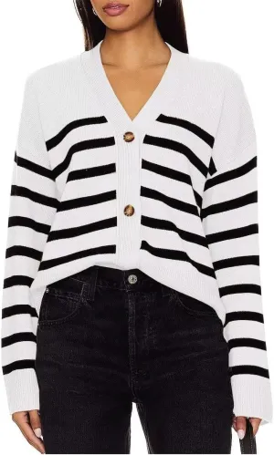 Dressmine Womens Striped Long Sleeve Sweater Tops Open Front Button Knit Casual Oversized V Neck Cardigan