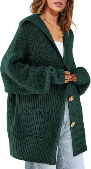 ebossy Women's Oversized Sailor Collar Button Cardigans Chunky Knit Long Sleeve Slouchy Sweaters Coat with Pockets