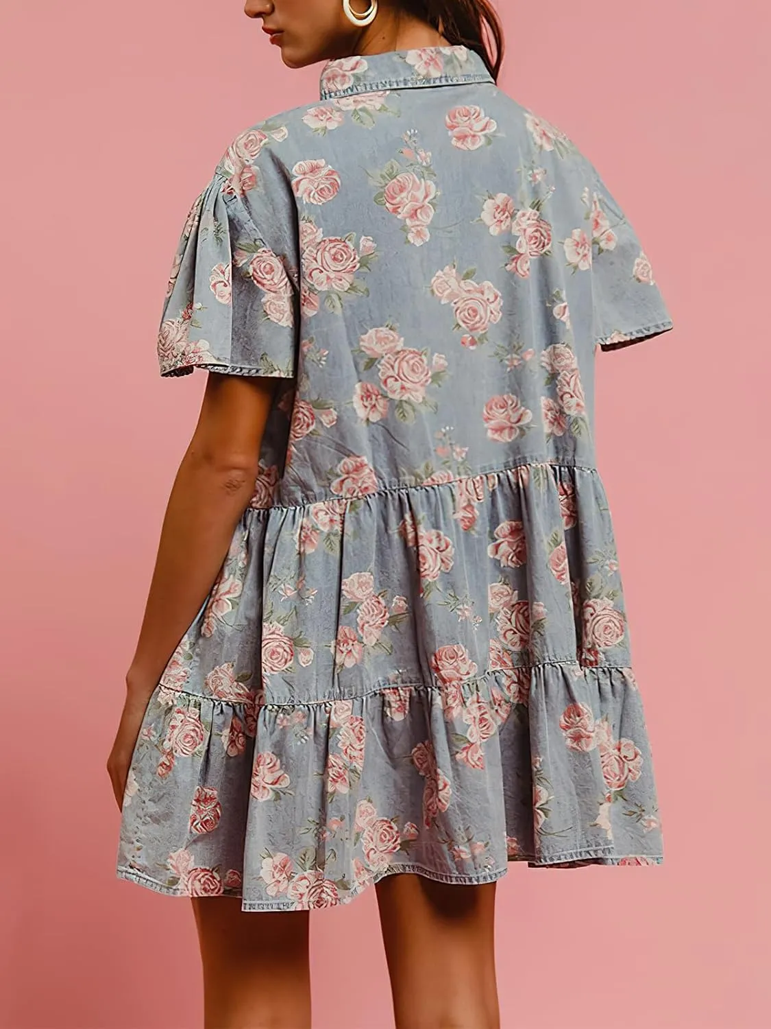 ebossy Women's Sweet Floral Denim Dress Button Up Ruffle Short Sleeve Flowy A Line Tiered Mini Shirt Dress