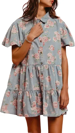 ebossy Women's Sweet Floral Denim Dress Button Up Ruffle Short Sleeve Flowy A Line Tiered Mini Shirt Dress
