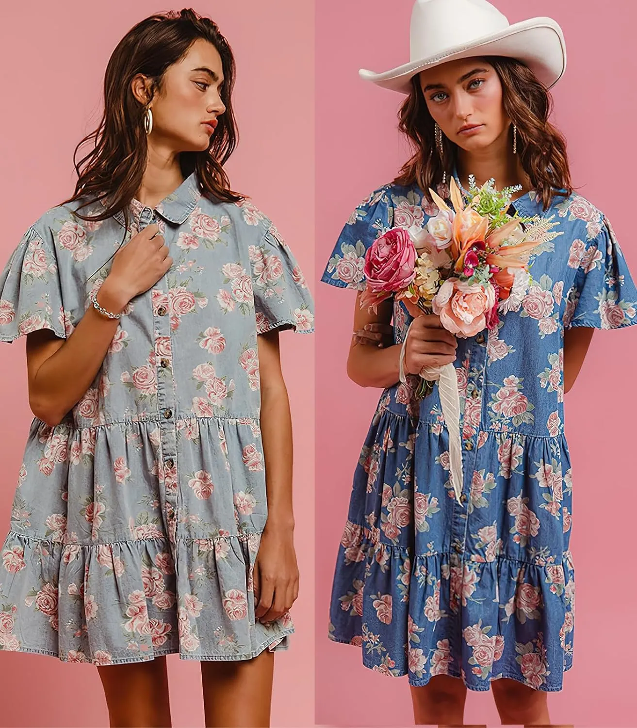 ebossy Women's Sweet Floral Denim Dress Button Up Ruffle Short Sleeve Flowy A Line Tiered Mini Shirt Dress