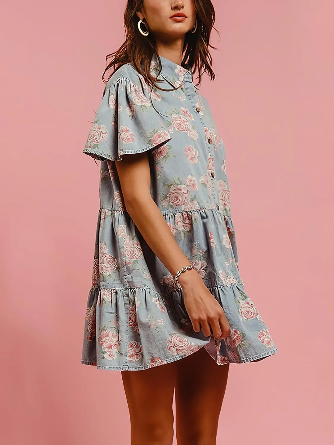 ebossy Women's Sweet Floral Denim Dress Button Up Ruffle Short Sleeve Flowy A Line Tiered Mini Shirt Dress