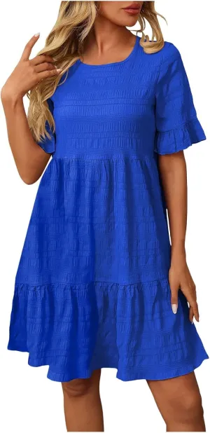 Eduavar Summer Dresses for Women 2025 Sun Dresses for Women 2025 Vacation Casual Short Sleeve Square Neck Ruffle Mini Dress