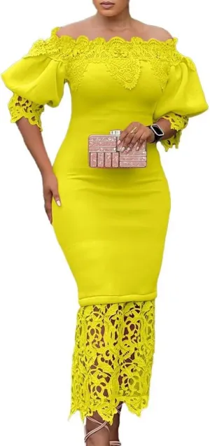 Elegant Sexy Floral Lace Off Shoulder Evening Gown Party Bodycon Midi Dress