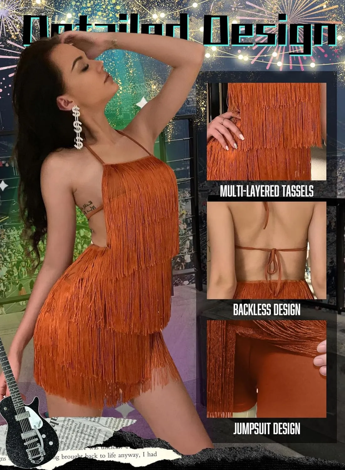 Ella Lust Sexy Backless Fringe Dress Jumpsuit - Western Country Concert Cowgirl Outfit for Women Nashville Tassel Romper
