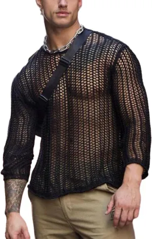 Evankin Men's T-Shirt Hollow Out Mesh Long Sleeve Tops See Through Underwear Knitted Sweater Loose Undershirt T-Shirt
