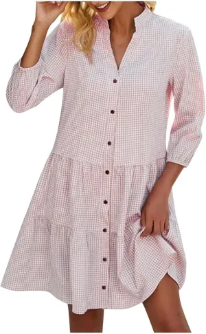 Fall Dresses for Women 2024 Trendy Loose Fit V-Neck Button Solid Color Dress Casual 3/4 Sleeve Plaid Dress Outfits