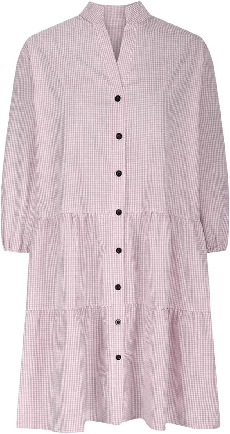 Fall Dresses for Women 2024 Trendy Loose Fit V-Neck Button Solid Color Dress Casual 3/4 Sleeve Plaid Dress Outfits