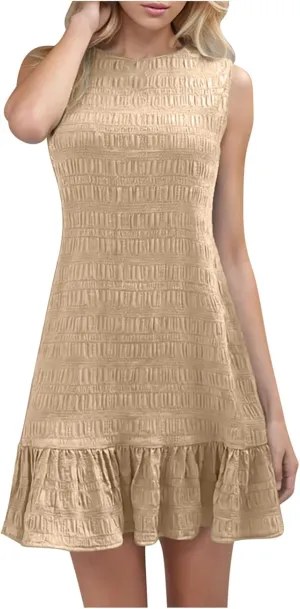 fartey Womens Summer Dresses 2025 Sleeveless Crewneck Casual Dresses Loose Fit Ruffle Swing A Line Midi Dress Sundresses