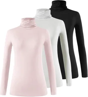 Femdouce Womens Turtleneck Long Sleeve Shirt Lightweight Slim Pullover Basic Undershirts Active Turtle Neck T-Shirts 3 Pack Black/White/Grey pink S