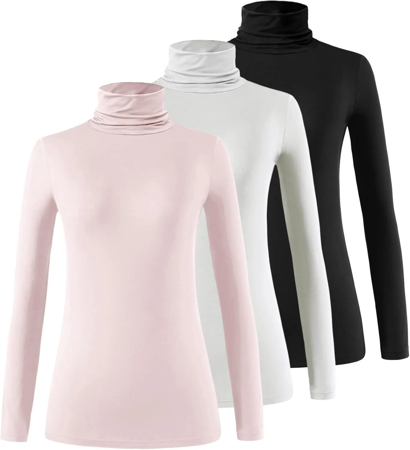 Femdouce Womens Turtleneck Long Sleeve Shirt Lightweight Slim Pullover Basic Undershirts Active Turtle Neck T-Shirts 3 Pack Black/White/Grey pink S