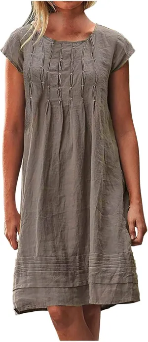 Finelylove Womens Casual Summer Cotton Linen Dresses Midi Flowy Beach Dress Short Sleeve Ruffled Shift Dress Loose Sundress