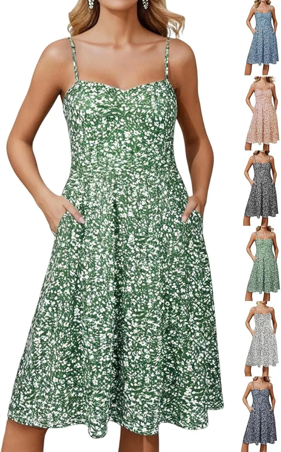 Floral Summer Dress for Women Vintage Casual Spaghetti Strap Knee Length Dress Beach Vacation Flowy Boho Sundress