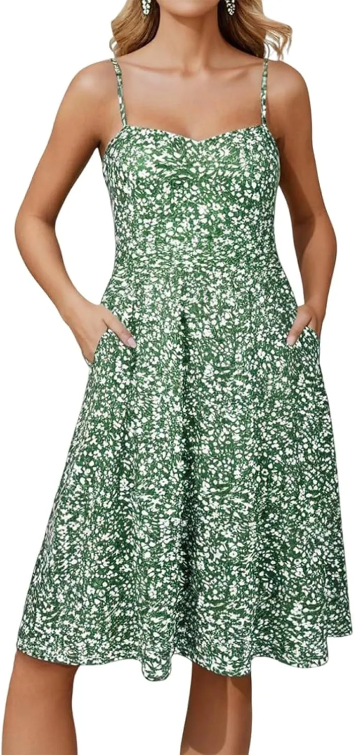 Floral Summer Dress for Women Vintage Casual Spaghetti Strap Knee Length Dress Beach Vacation Flowy Boho Sundress