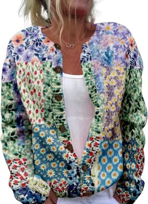 Floral Sweaters for Women Open Front Cardigan Chunky Long Sleeve Plus Size Button Up Fall Trendy Tunic Blouse