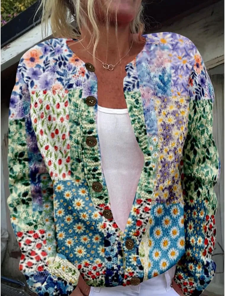 Floral Sweaters for Women Open Front Cardigan Chunky Long Sleeve Plus Size Button Up Fall Trendy Tunic Blouse