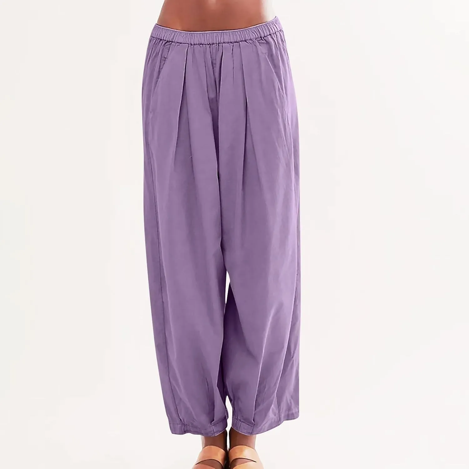 Generic Womens Linen Pants, Comfy Elastic High Waist Palazzo Pants with Pockets, Casual Loose Wide Leg Cotton Trousers
