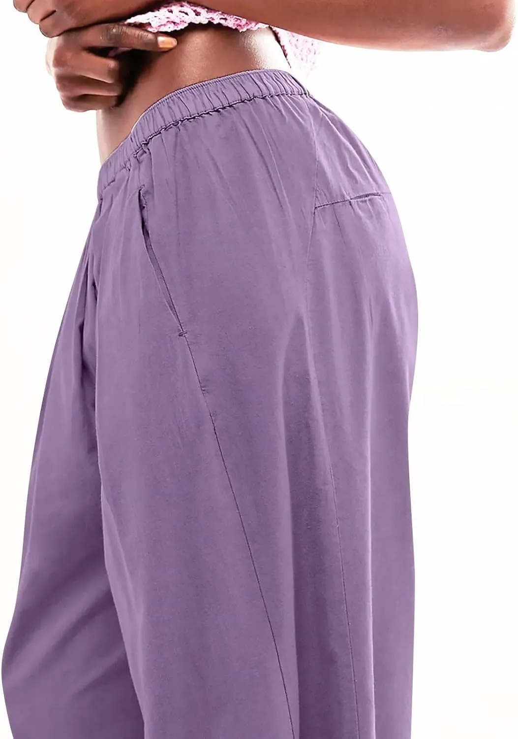 Generic Womens Linen Pants, Comfy Elastic High Waist Palazzo Pants with Pockets, Casual Loose Wide Leg Cotton Trousers