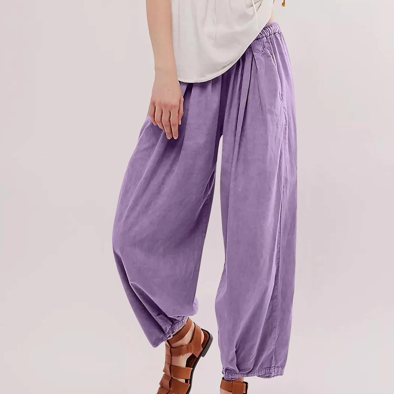 Generic Womens Linen Pants, Comfy Elastic High Waist Palazzo Pants with Pockets, Casual Loose Wide Leg Cotton Trousers