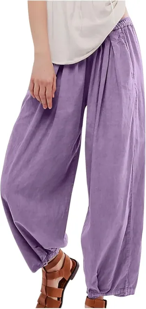 Generic Womens Linen Pants, Comfy Elastic High Waist Palazzo Pants with Pockets, Casual Loose Wide Leg Cotton Trousers