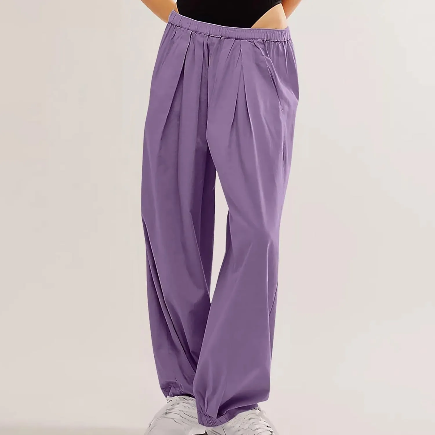 Generic Womens Linen Pants, Comfy Elastic High Waist Palazzo Pants with Pockets, Casual Loose Wide Leg Cotton Trousers