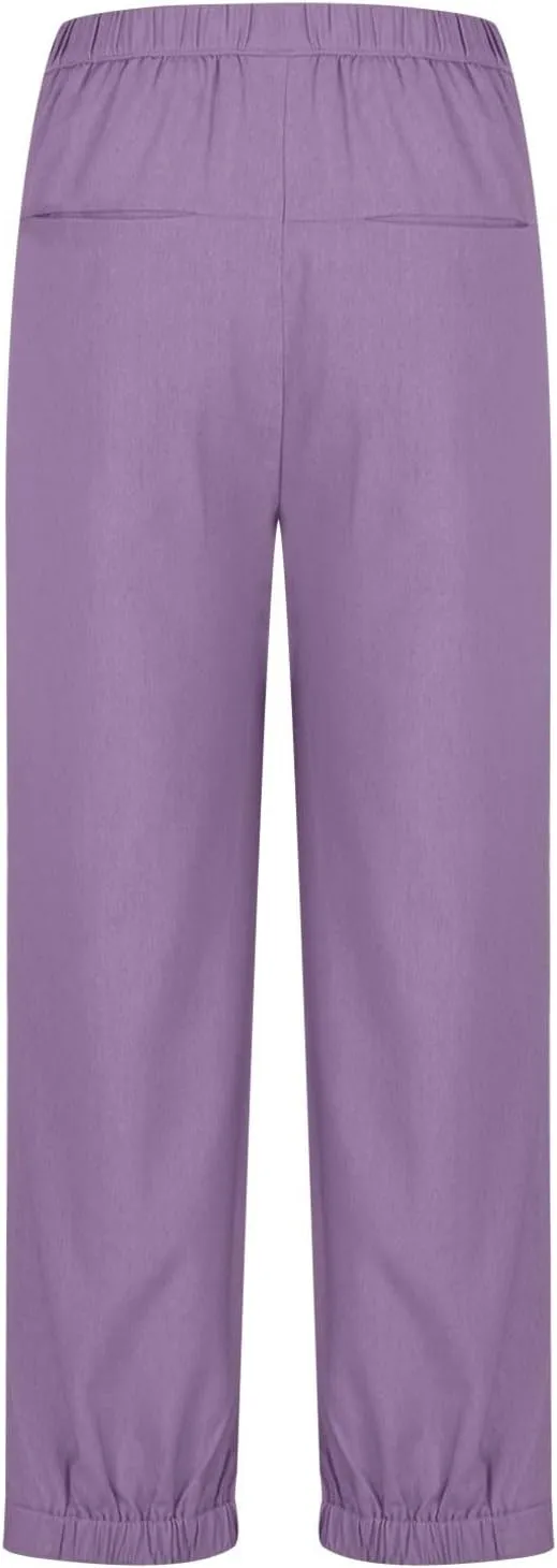 Generic Womens Linen Pants, Comfy Elastic High Waist Palazzo Pants with Pockets, Casual Loose Wide Leg Cotton Trousers