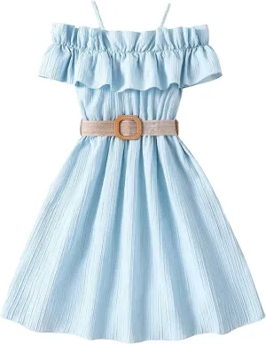 Girls Cold Shoulder Ruffle Trim Short Sleeve Belted A Line Midi Dress Ruffle Sleeve Maxi Dresses 6-13 Years Vacation Sundress