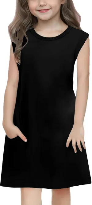 Girls Sleeveless Summer Dress Kids Casual Crewneck Loose Beach Short Mini Sundresses with Pockets 4-14 Years