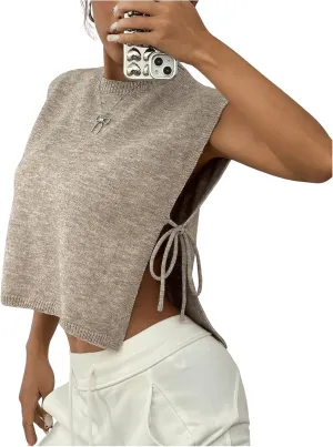 GORGLITTER Women's Cap Sleeve Sweater Tank Tops Cropped Sleeveless Side Tie Sweater Vest Crew Neck Causal Knit Top